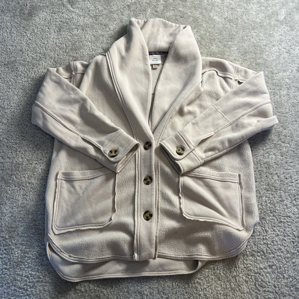 Knox Rose Women’s Fleece Button Jacket Coastal White L Deconstructed Cozy Soft